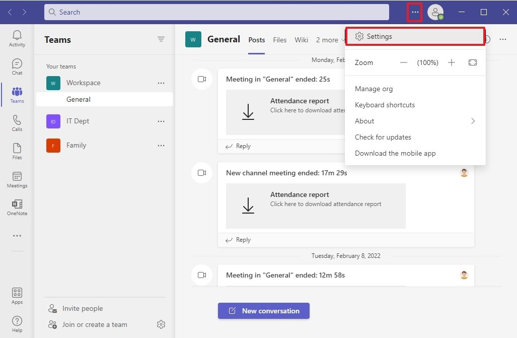 Microsoft Teams settings option