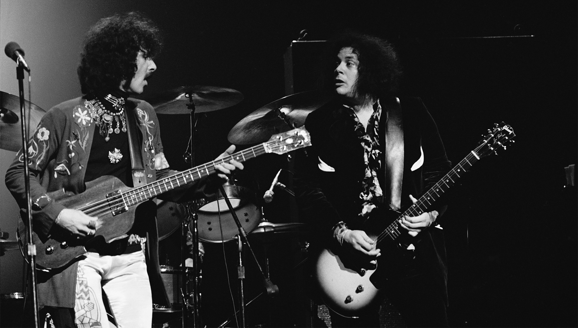 American hard rock band Mountain perform at the last night at Fillmore East, a nightclub on Second Avenue, New York City, before the closing of the venue, 27th June 1971. They are musicians Felix Pappalardi (left) and Leslie West.