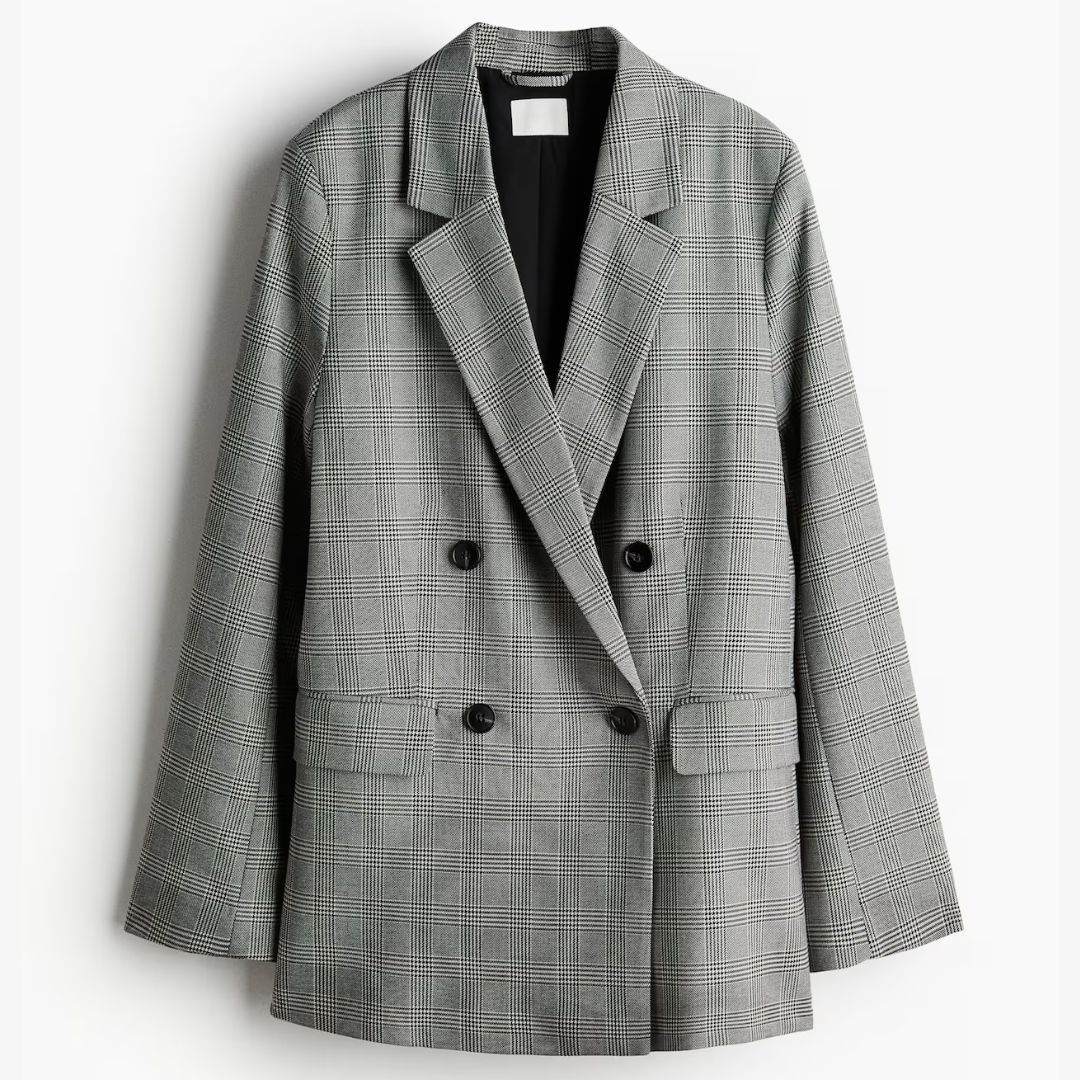 H&amp;amp;M Double-Breasted Grey Checked Blazer