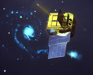 An artist's illustration of the European X-Ray Observatory SATellite (EXOSAT) in space.