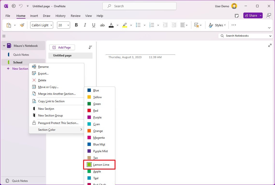 Цвет раздела OneNote