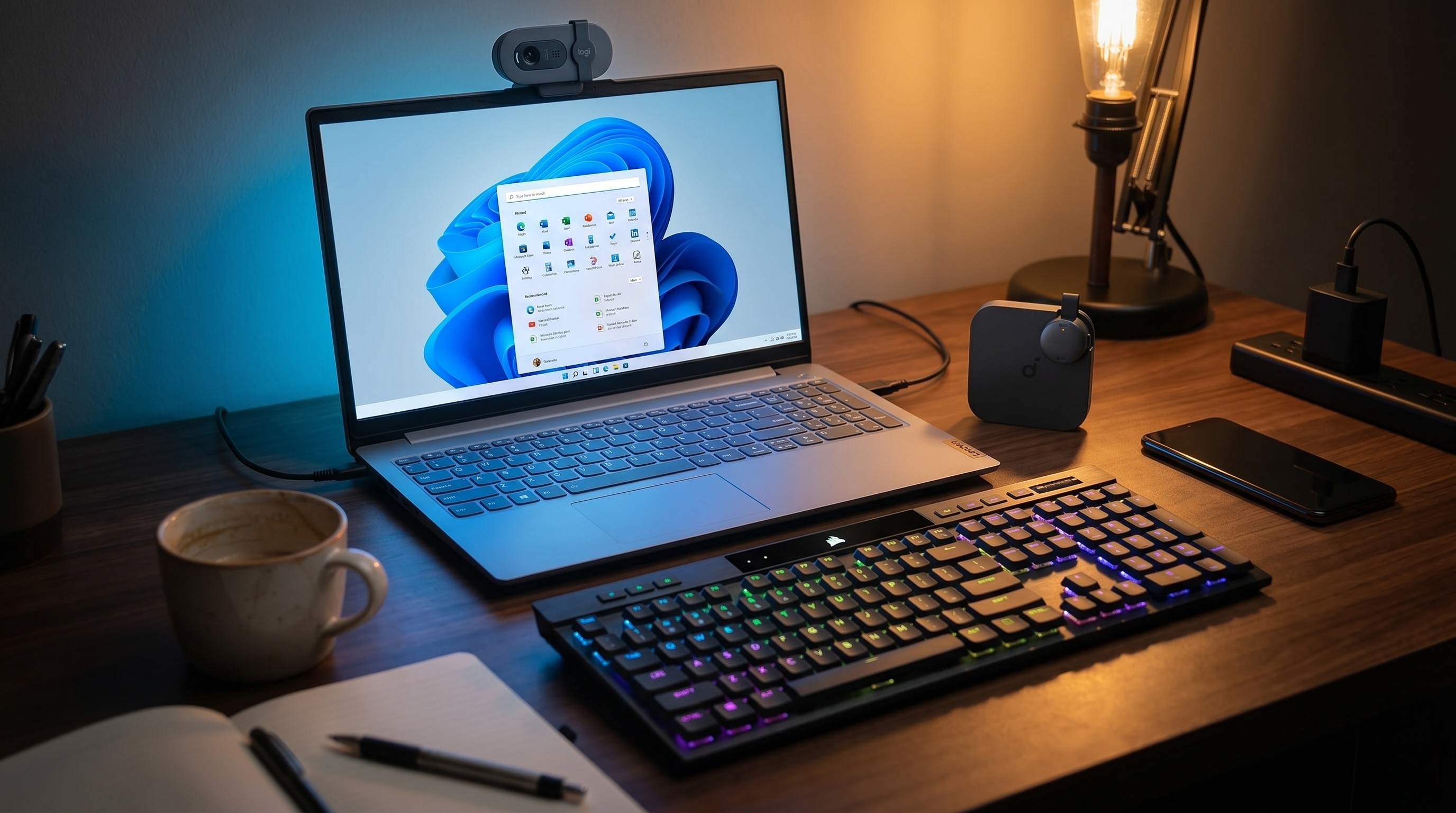 A laptop, keyboard, and webcam on a desk in a home office 