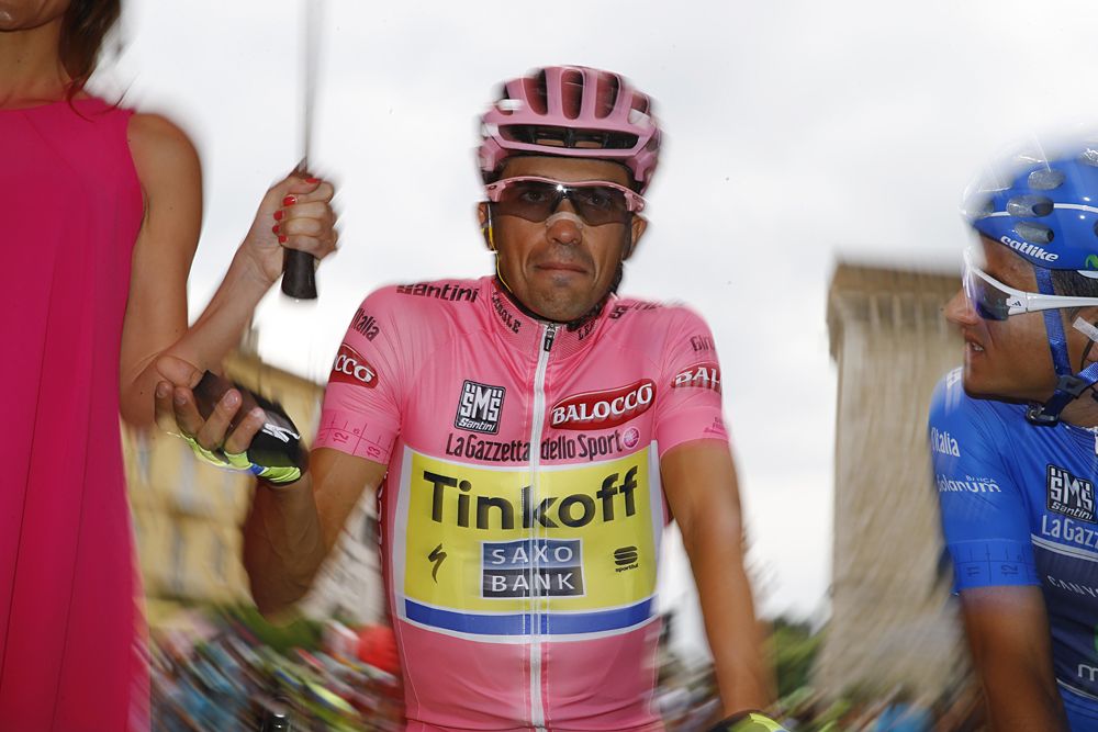 Overall race leader Alberto Contador (Tinkoff-Saxo) on the start line of stage 9