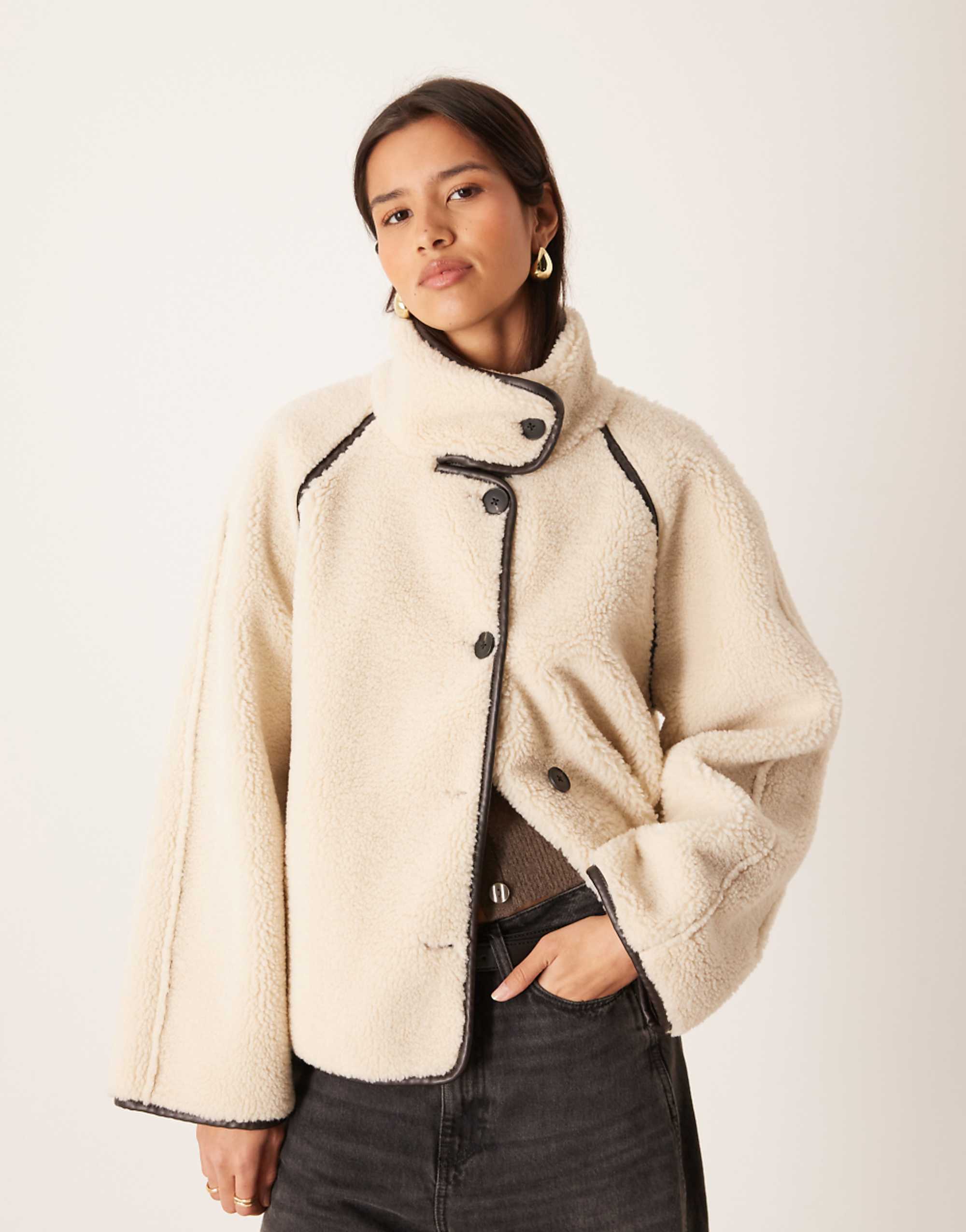 Gina Tricot Oversized Reversible Borg Jacket With High Funnel Neck in Beige