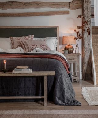 A rustic fall bedroom. Bed with blue throw and white bedding. Small bedside table with a lap and dried stem in a vase. A wooden bench at the bottom of the bed with books stacked on top and a lit candle. Wooden floor with two rugs, on cream rug to the right and a jute rug at the base of the bed.