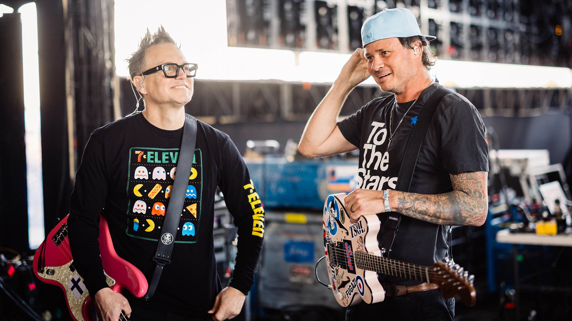 Mark Hoppus and Tom DeLonge of Blink-182 pose backstage at the Sahara Tent during the 2023 Coachella Valley Music and Arts Festival on April 14, 2023 in Indio, California.