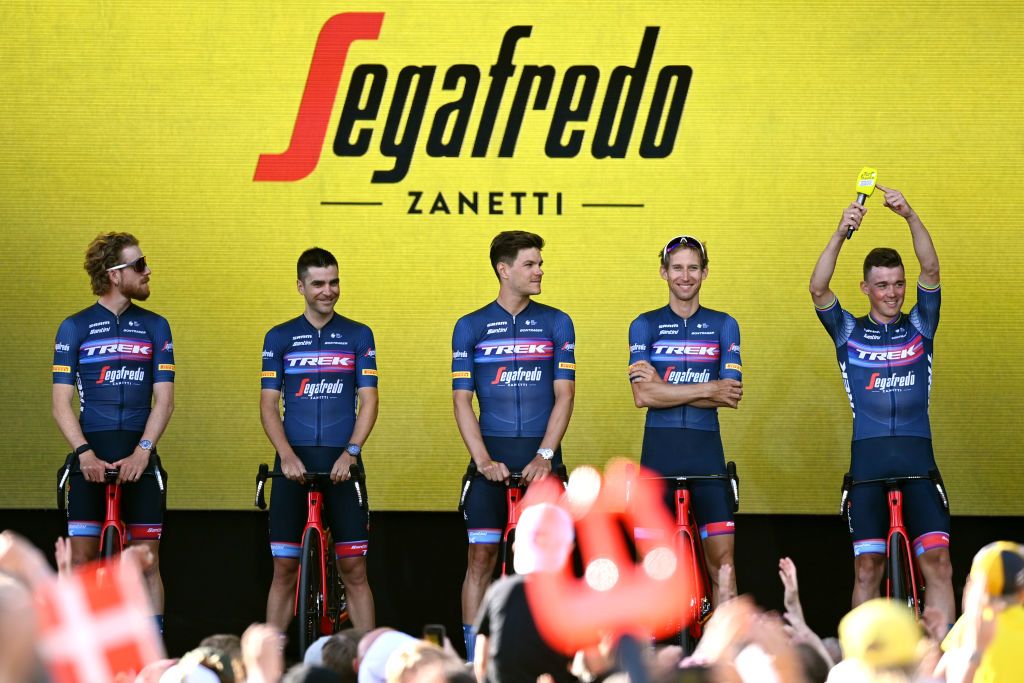 COPENHAGEN DENMARK JUNE 29 LR Quinn Simmons of United States Tony Gallopin of France Jasper Stuyven of Belgium Bauke Mollema of Netherlands Mads Pedersen of Denmark and Team Trek Segafredo during the Team Presentation of the 109th Tour de France 2022 at Tivoli Gardens in Copenhagen City TDF2022 on June 29 2022 in Copenhagen Denmark Photo by Stuart FranklinGetty Images