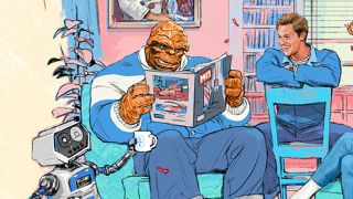 A screenshot of The Thing reading a 1960s magazine in Marvel Studios' The Fantastic 4 movie poster