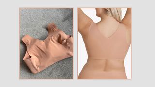 a flat lay shot and a model showing the back of Evelyn & bobbie defy bra