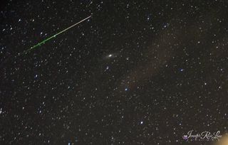 Perseid meteor streaks near Andromeda in photo by Jennifer Rose Lane