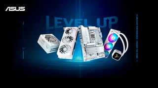 ASUS image reading 'Level Up' with a power supply, graphics card, motherboard and cooler visible in a prime day advert