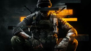Call of Duty: Black Ops 6 key art (no logo) - seated black ops soldier with guns in his hands facing the camera, redaction line over his eyes