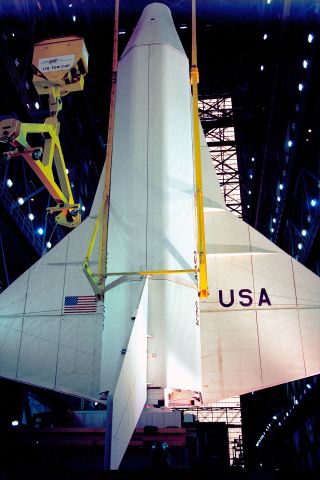 The space shuttle orbiter simulator Pathfinder undergoes a lift test in the Vehicle Assembly Building at NASA's Kennedy Space Center in Florida in May 1978.