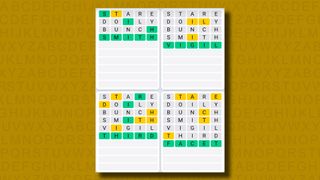 Quordle Daily Sequence answers for game 987 on a yellow background