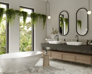 Modern natural bathroom with freestanding white tub, elevated hanging plants on a floor to ceiling windows and a double vanity