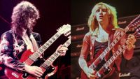 LEFT: Jimmy Page plays a double-necked, six and twelve stringed guitar during a Led Zeppelin concert at Earl's Court, London, 18th May 1975. RIGHT: Alex Lifeson performing live onstage, playing Gibson EDS-1275 double neck guitar on All The World's A Stage tour. 