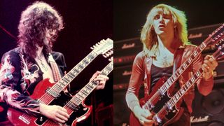 LEFT: Jimmy Page plays a double-necked, six and twelve stringed guitar during a Led Zeppelin concert at Earl's Court, London, 18th May 1975. RIGHT: Alex Lifeson performing live onstage, playing Gibson EDS-1275 double neck guitar on All The World's A Stage tour. 
