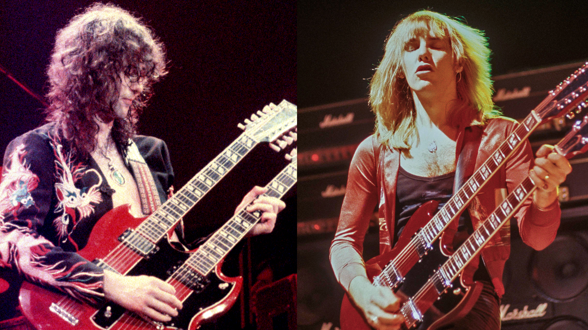 LEFT: Jimmy Page plays a double-necked, six and twelve stringed guitar during a Led Zeppelin concert at Earl's Court, London, 18th May 1975. RIGHT: Alex Lifeson performing live onstage, playing Gibson EDS-1275 double neck guitar on All The World's A Stage tour. 