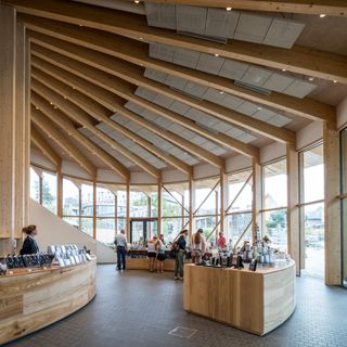 interior with impressive timber ceiling structure at Hans Christian Andersen House by Kengo Kuma