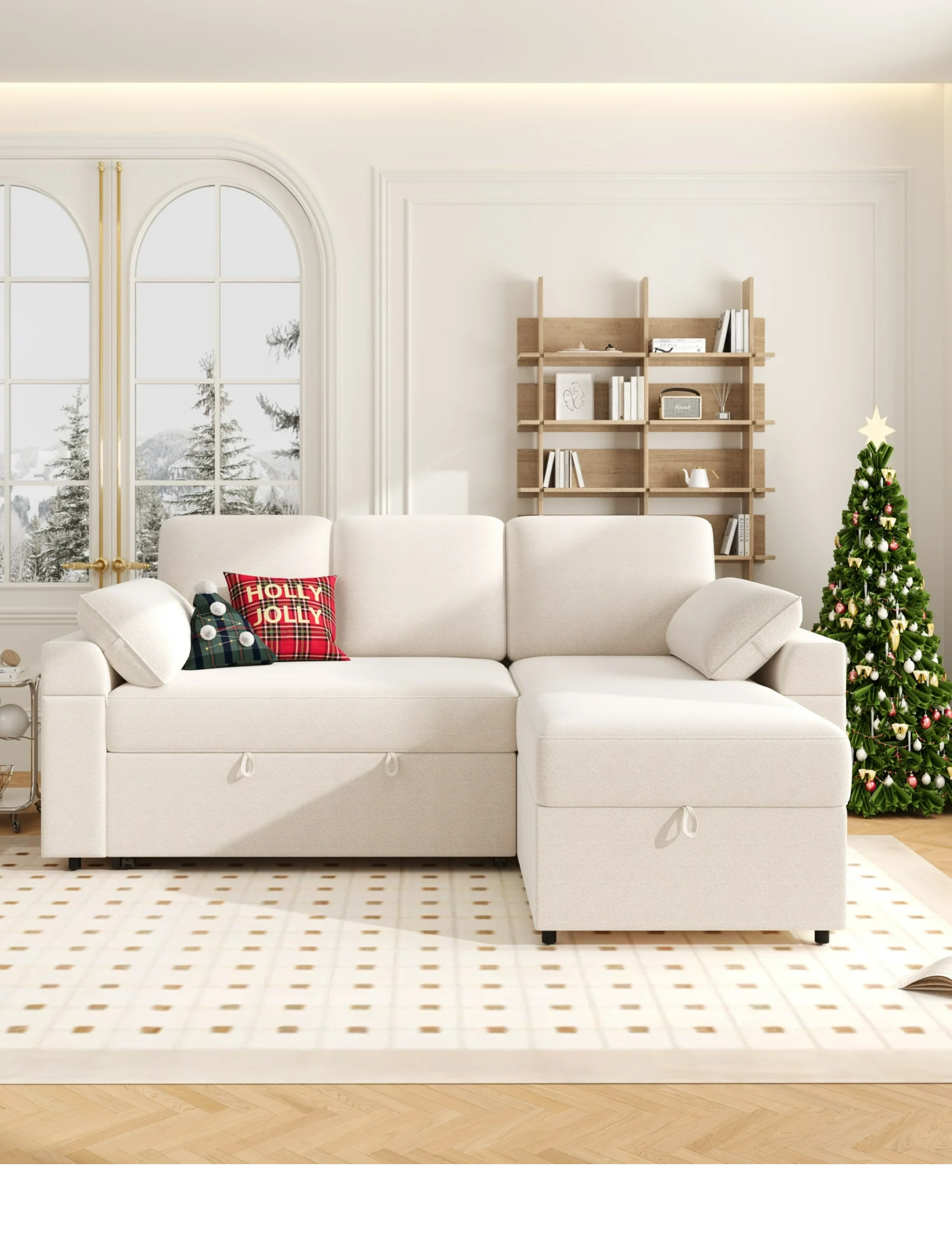 Neutral living room styled for Christmas featuring a large cushion-style sleeper sofa atop of a neutral rug geometric rug