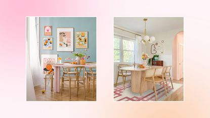 Two pictures of colorful dining rooms on a pink and orange background