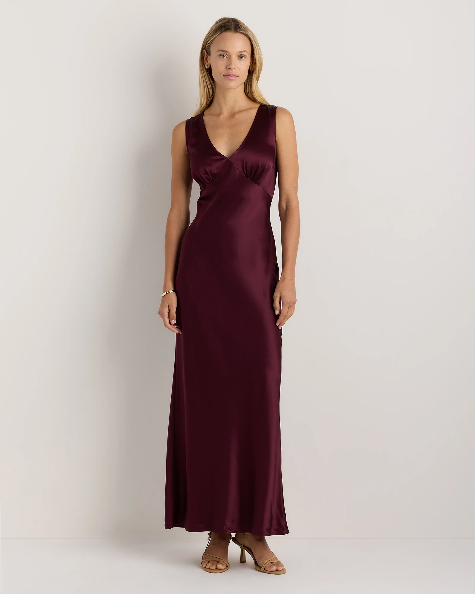 100% Washable Silk Deep V-Neck Maxi Dress in Wine Tasting Red