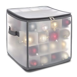 Livivo Christmas Bauble and Decoration Storage Cube With Padded Dividers for 64 Xmas Ornaments – Heavy Duty Folding 4 Layer Holder With Separators, Zipped Lid and Handles (grey)