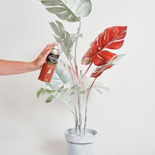 artificial plant pot with red colour spray paint