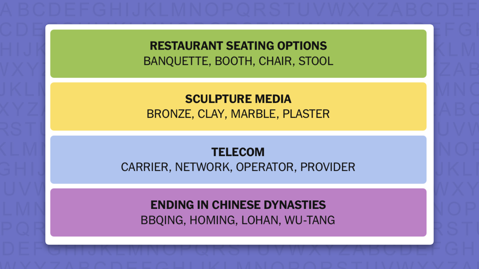 NYT Connections answers for game 1204 on a purple background