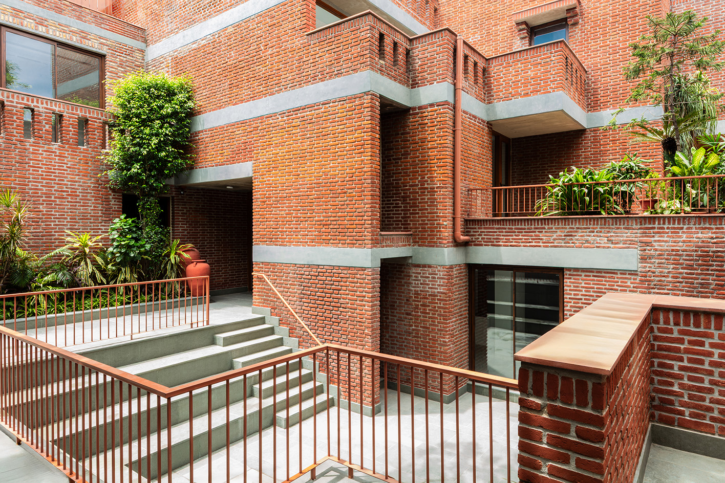 view of Gujral House, the house of Satish Gujral, from courtyard with brick volumes cascading