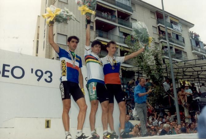 1992 Worlds: The pro men's podium included (L-R) Laurent Jalabert (France), Gianni Bugno (Italy) and Dmitri Konyshev (Russia)