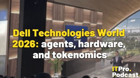 The words "Dell Technologies World 2026: agents, hardware, and tokenomics" in yellow and white over a blurred photo from Michael Dell's 2026 keynote
