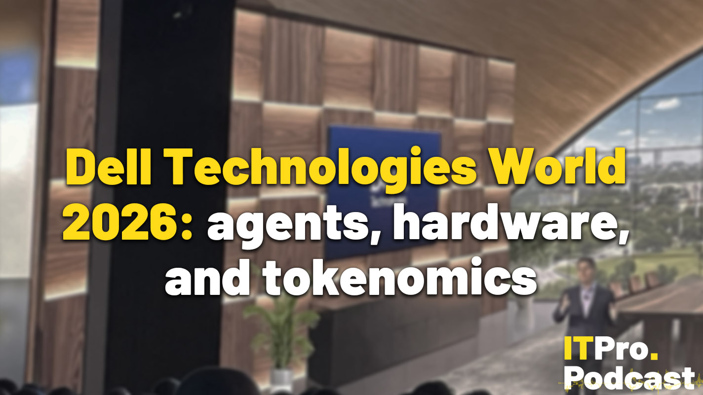 The words "Dell Technologies World 2026: agents, hardware, and tokenomics" in yellow and white over a blurred photo from Michael Dell's 2026 keynote