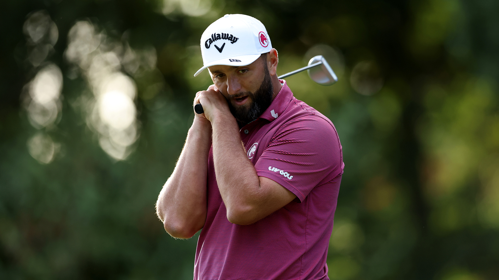 Jon Rahm reacts to a missed putt