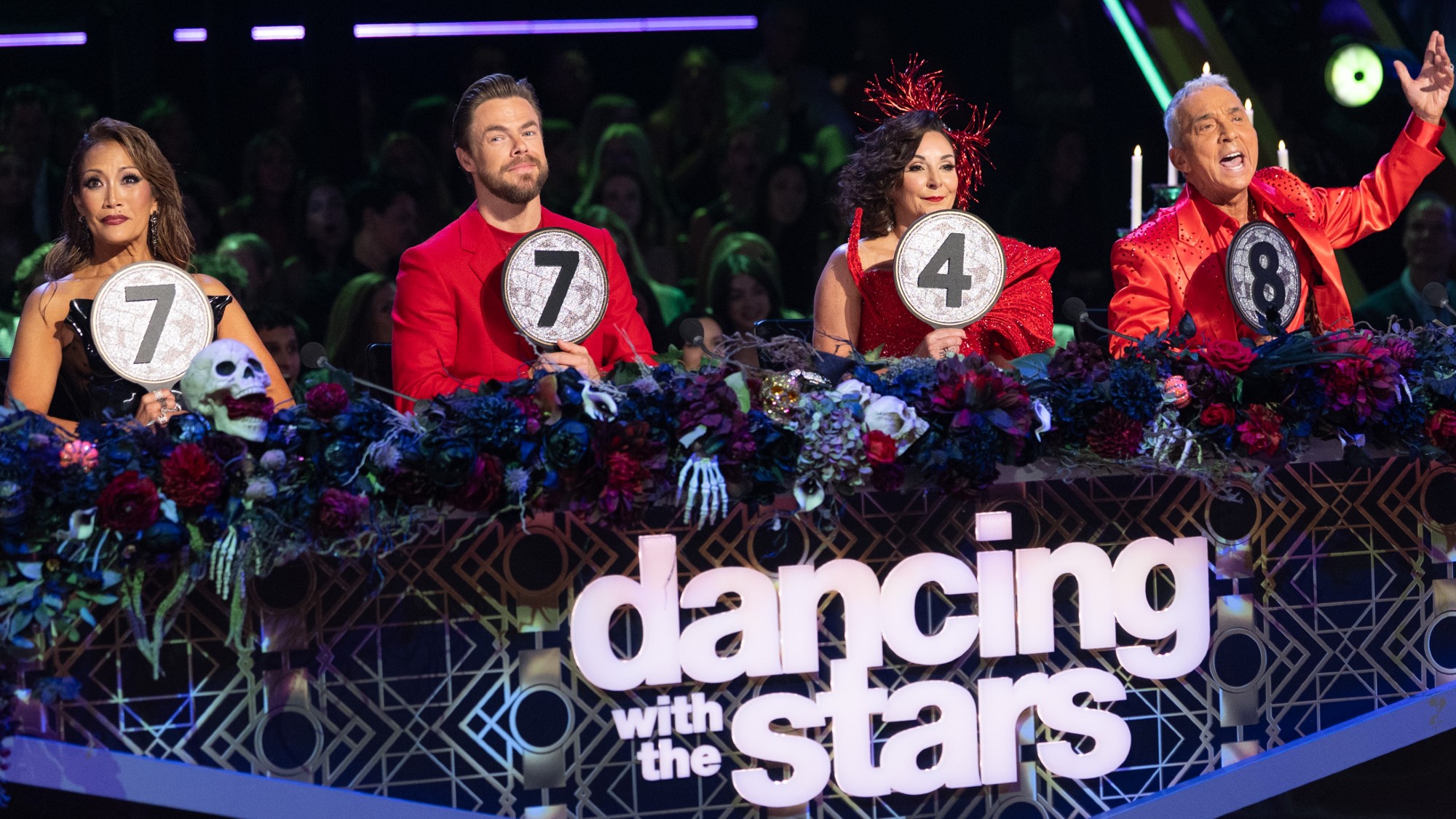 From left to right: Carrie Ann Inaba holding up a 7, Derek Hough holding up a 7, Shirley Ballas holding up a 4 and Buno Tonioli holding up an 8 on Dancing with the Stars. 