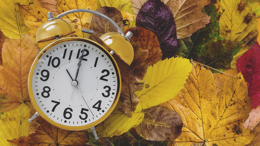 Autumnal leaves with a yellow clock reading ten o&#039;clock