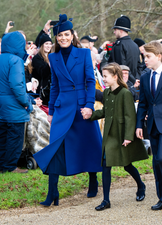 Catherine, Princess of Wales, Princess Charlotte of Wales, Prince George of Wales, Prince William, Prince of Wales, Prince Louis of Wales and Mia Tindall attend Christmas Morning Service at Sandringham Church on December 25, 2023 in Sandringham, Norfolk