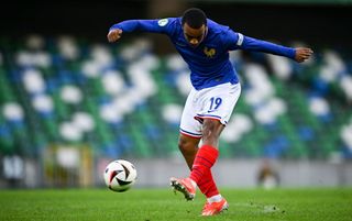 Eli Junior Kroupi of France during the UEFA European Under-19 Championship 2024 semi-final match between France and Ukraine at National Football Stadium at Windsor Park on July 25, 2024 in Belfast, Northern Ireland.