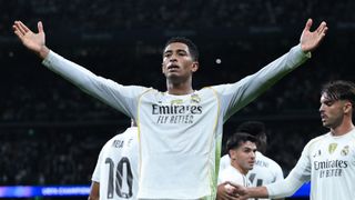 Jude Bellingham of Real Madrid celebrates scoring his team's first goal during the UEFA Champions League 2025/26 League Phase MD3 match between Real Madrid C.F. and Juventus at Estadio Santiago Bernabeu on October 22, 2025 in Madrid, Spain.
