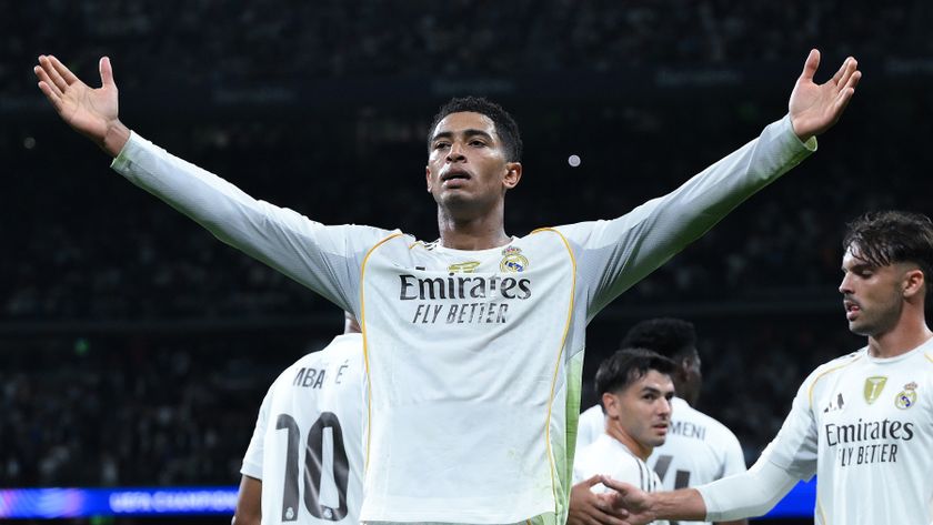 Jude Bellingham of Real Madrid celebrates scoring his team's first goal during the UEFA Champions League 2025/26 League Phase MD3 match between Real Madrid C.F. and Juventus at Estadio Santiago Bernabeu on October 22, 2025 in Madrid, Spain. 