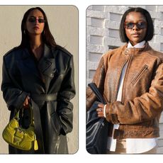 a collage of fall leather jacket outfits shown on women 