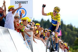 PLANCHE DES BELLES FILLES FRANCE JULY 31 Annemiek Van Vleuten of Netherlands and Movistar Team Yellow Leader Jersey celebrates at finish line as stage and overall race winner during the 1st Tour de France Femmes 2022 Stage 8 a 1233km stage from Lure to La Super Planche des Belles Filles TDFF UCIWWT on July 31 2022 in Planche des Belles Filles France Photo by Tim de WaeleGetty Images