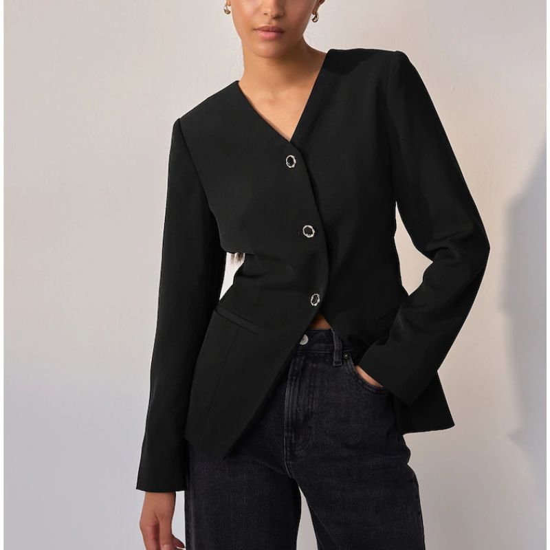 Next , Black Collarless V-Neck Blazer