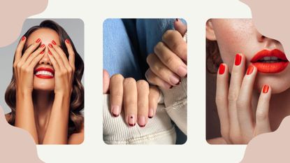 Collage of three Valentine's Day nail ideas including red and love heart designs