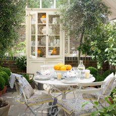 A conservatory with lots of plants and a white bistro set