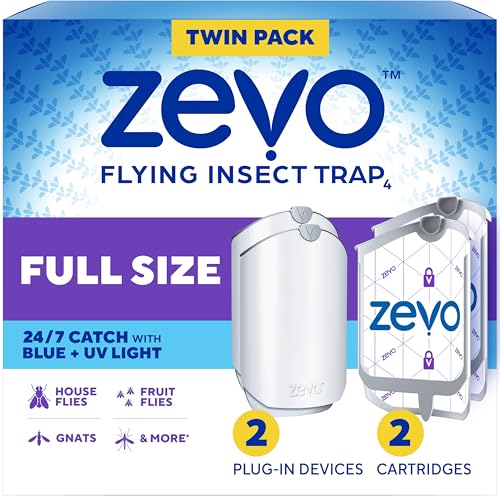 Zevo Flying Insect Traps - Plug-In Indoor Fly Trap and Bug Light Trap Refill With Blue and Uv Light - No-Mess Cartridge for House Flies, Fruit Fly Trap and Gnats (2 Plug-In Bases and 2 Cartridges)