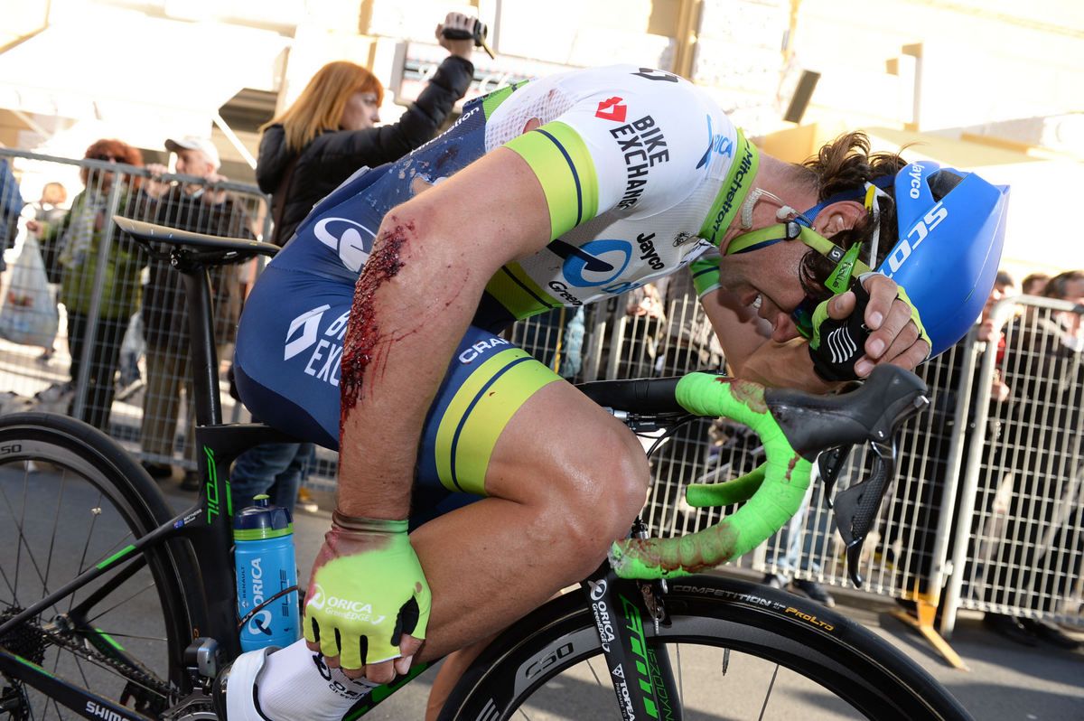 Michael Matthews feels the pain of his late crash after finishing Milan-San Remo