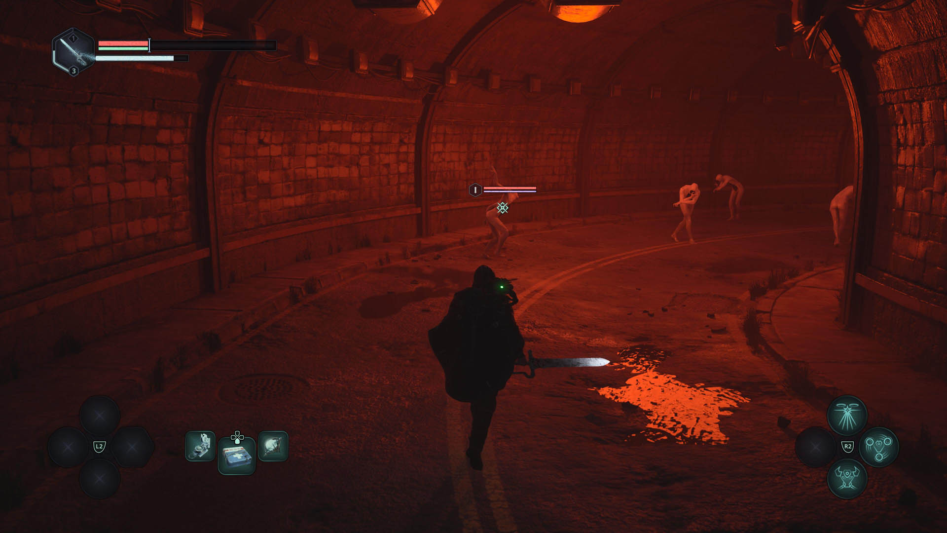 Remi approaches Hollow Walkers in a red-lit tunnel in Hell is Us