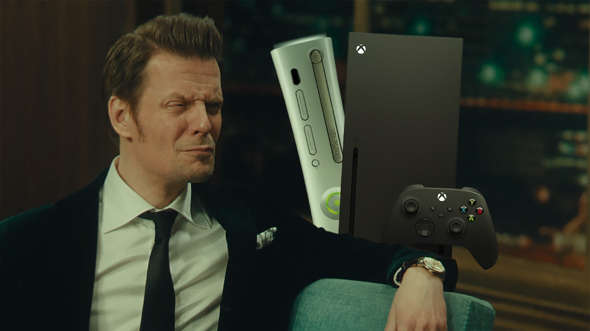 Remedy Entertainment's Sam Lake as seen in the Alan Wake 2 video game cutscene, edited with an XBOX 360 and XBOX Series X console