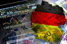 Map and flag of Germany, cash euro banknotes and stock market indicators